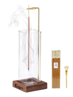 Ceremony Incense Holder, Wooden Incense Holder for Sticks with Glass Ash Catcher, Anti-ash Incense Burner with 20 Incense Sticks and a Ash Brush for Meditation Yoga Spa Room Decor